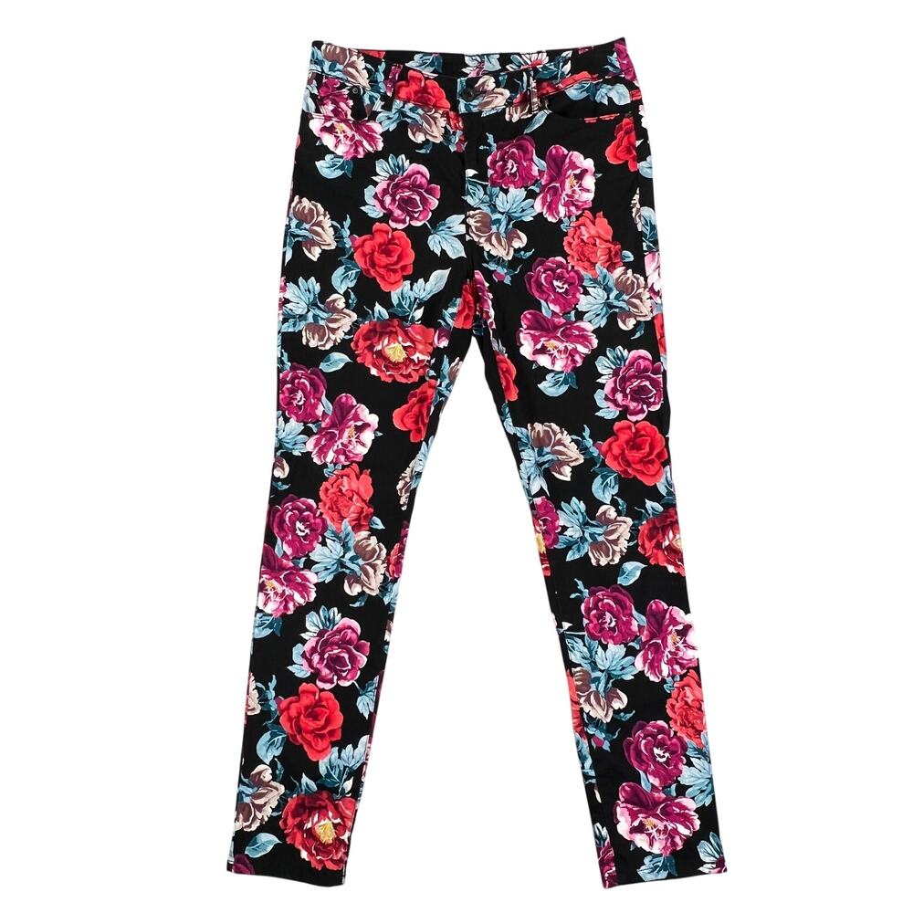 Chico's Jeggings Jeans Floral Print Womens 8R 34x30.5‎ Black Red Pink Botanical